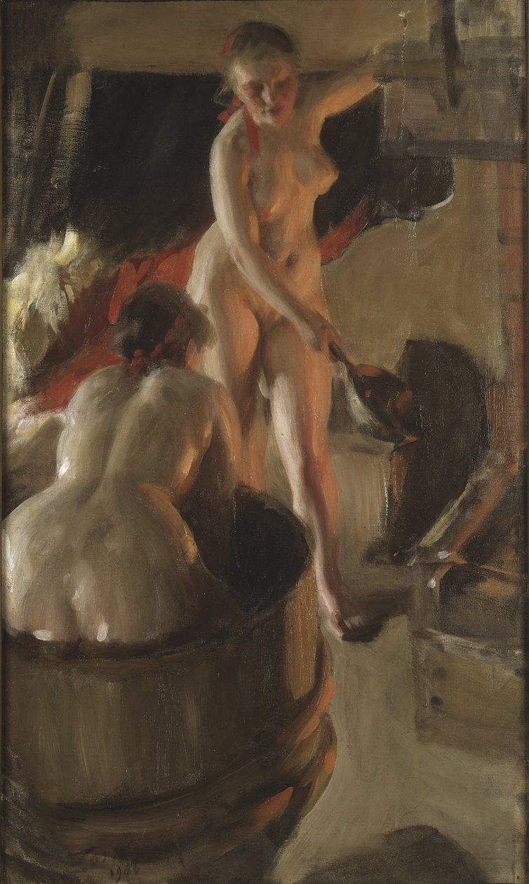 Filles de Dalecarlie prenant un bain - Girls from Dalarna Having a Bath, kirjoittanut Zorn, Anders Leonard (1860-1920). Öljy kankaalle tekijältä Anders Leonard Zorn