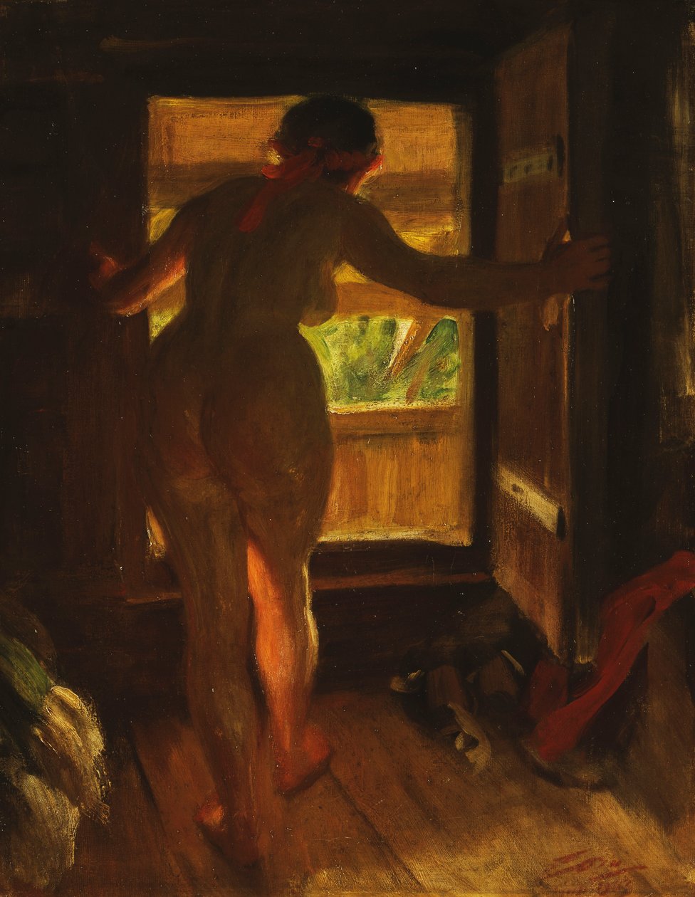 Mora tyttö avoimella ovella, 1903 tekijältä Anders Leonard Zorn