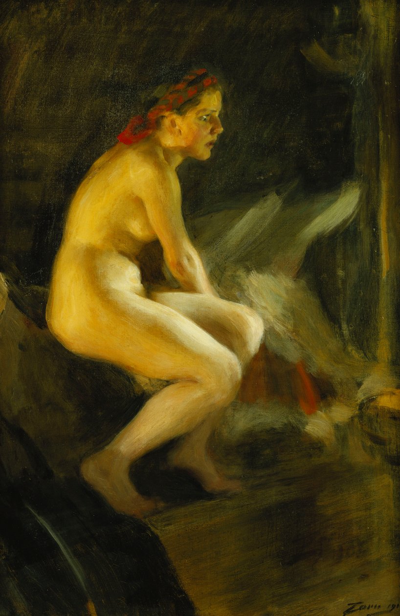 Sängyllä; Pa Sangkanten, 1910 tekijältä Anders Leonard Zorn
