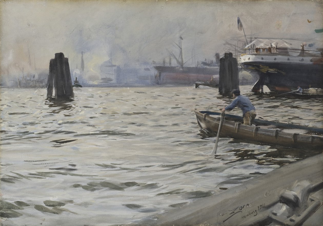Hampurin satama, 1891 (wc paperilla) tekijältä Anders Leonard Zorn