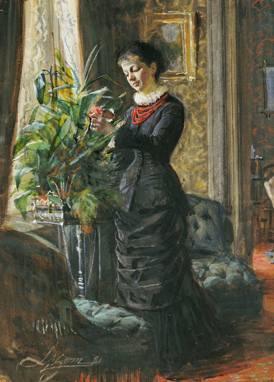 Fru Lisen Samsonin muotokuva, s. Hirsch, asettelemassa Kukat ikkunassa, 1881 tekijältä Anders Leonard Zorn