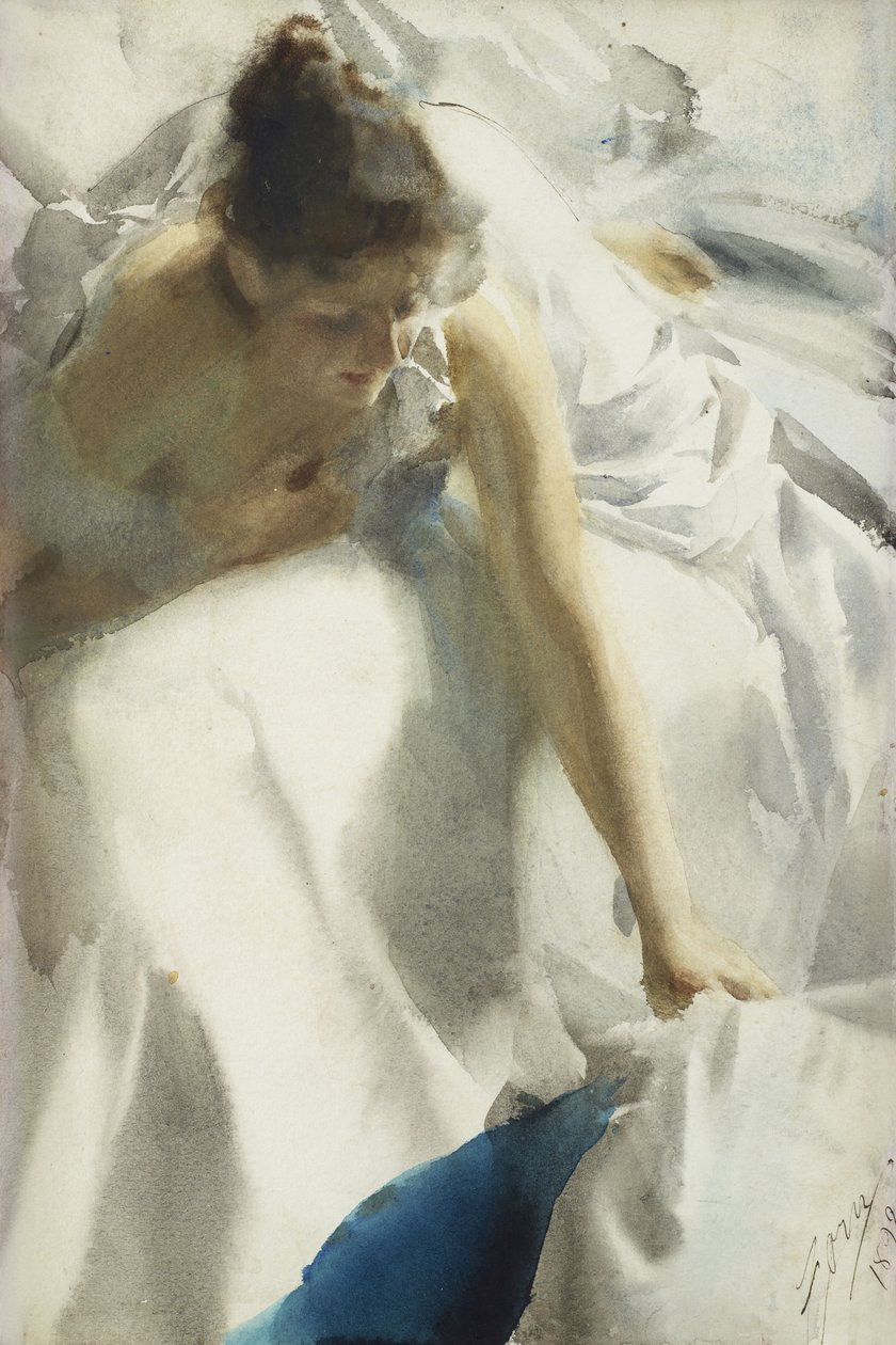 ""Reveil, boulevard Clichy, Paris"" (Awakening, Boulevard Clichy) Nuori tyttö negligee-puvussa - Anders Leonard Zornin akvarelli (1860-1920) 1892 Yksityinen kokoelma tekijältä Anders Leonard Zorn