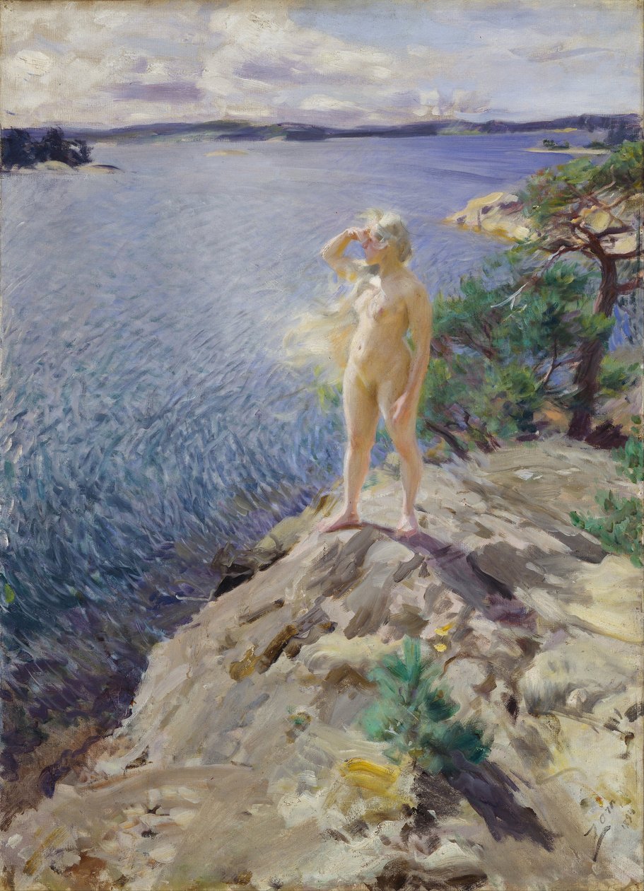 ""Kiveillä"" Alaston nuori nainen skannaamassa horisonttia meren rannalla - Anders Leonard Zornin (1860-1920) maalaus 1894 Oslo Norjan kansallinen taidemuseo tekijältä Anders Leonard Zorn