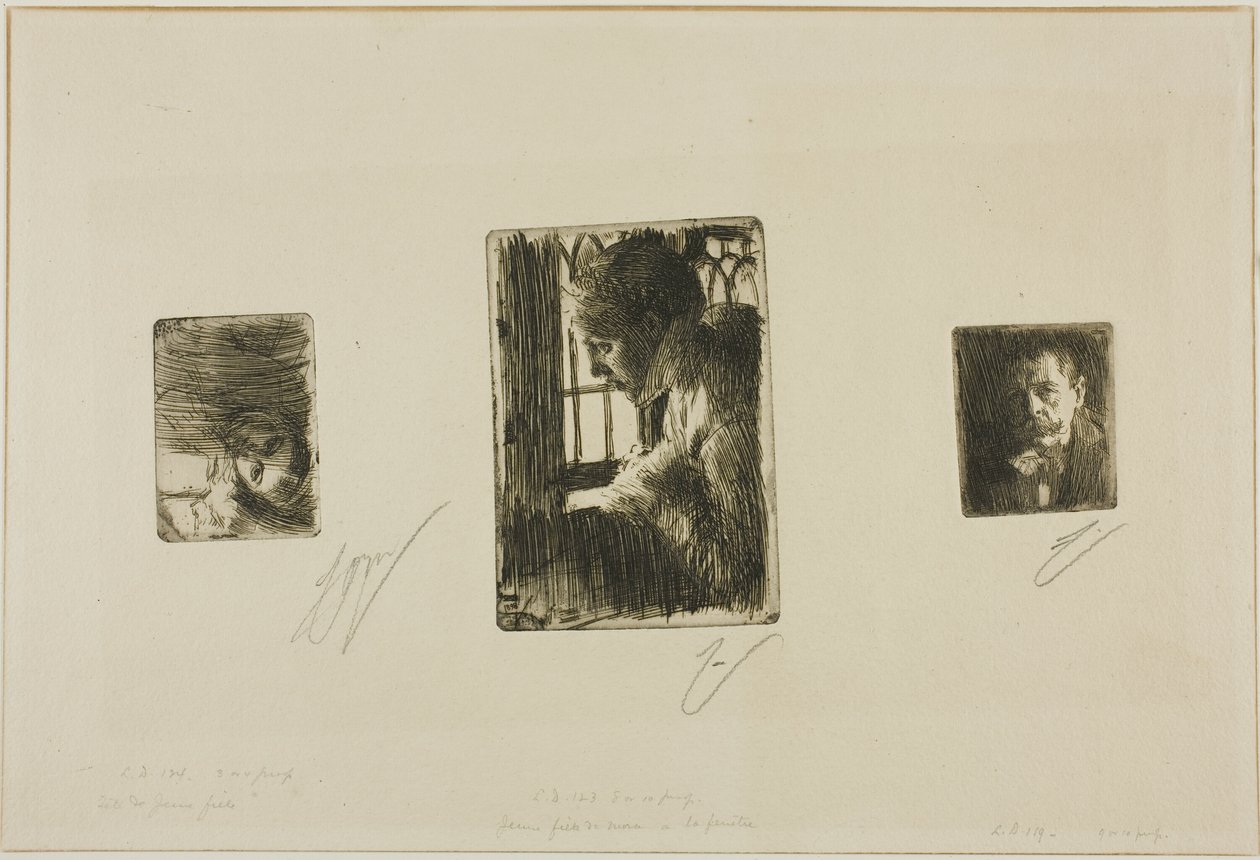 Tytön pää; Talonpoikaistyttö ikkunalla; Anders Zorn tekijältä Anders Zorn