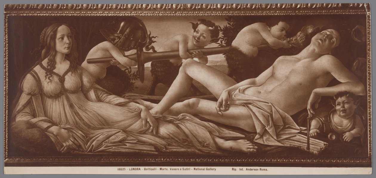 Kuvakopio Sandro Botticellin maalauksesta Venus ja Mars Londra, Botticelli, Marte, Venere e Satiri, Kansallisgalleria (otsikko esineessä) tekijältä Anderson (firma)