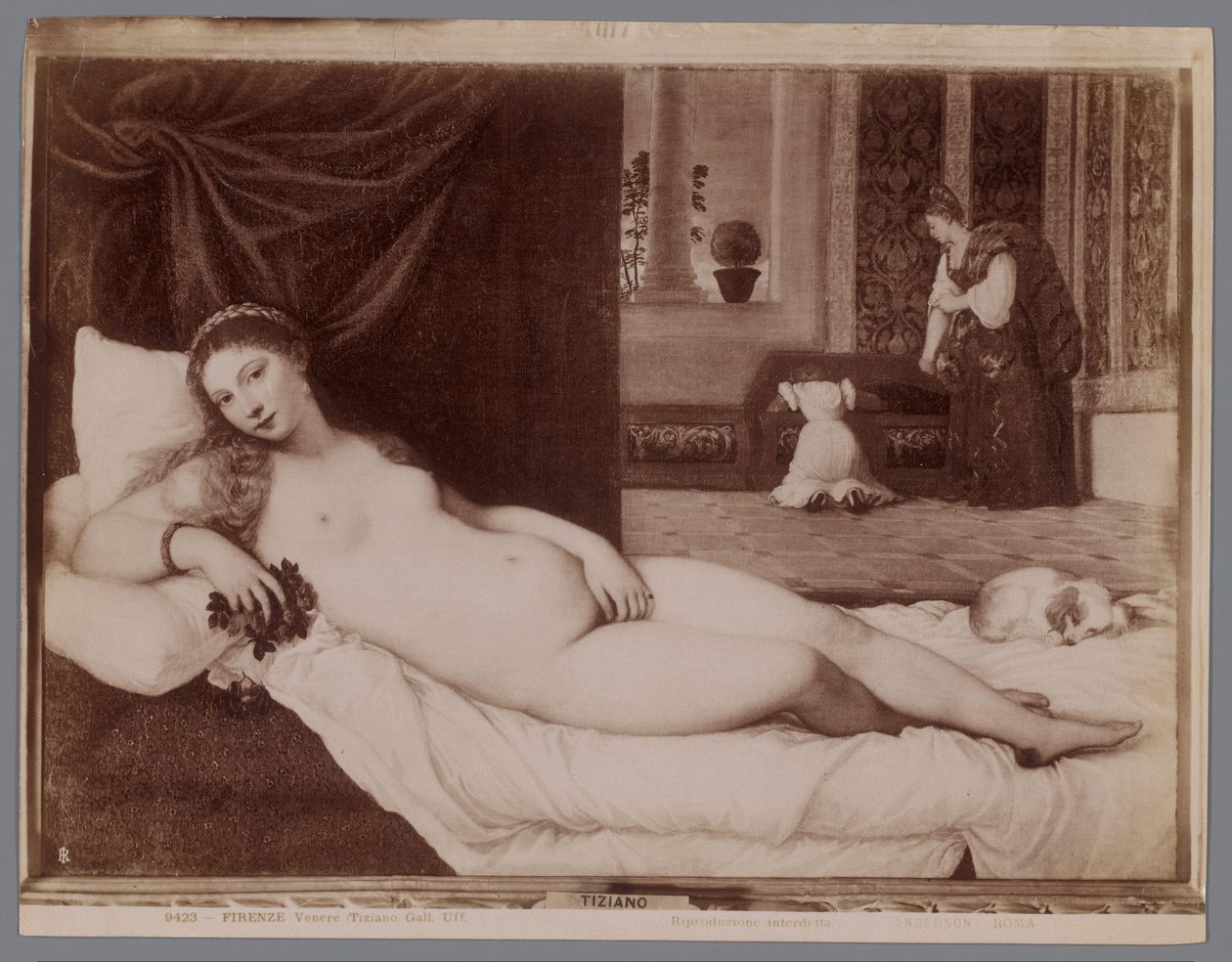Valokuvakopio Tizianin maalauksesta Venus of Urbino Firenze, Venere (Tiziano Gall. Uff.) (otsikko esineessä) tekijältä Anderson (firma)