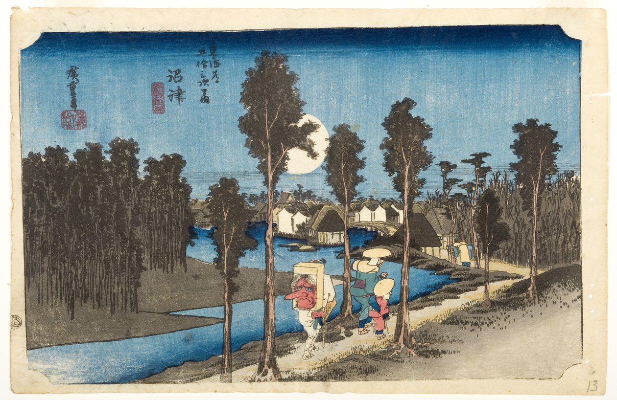 Numazu: Hämäräkohtaus, n. 1832-33 (puupalikka) tekijältä Utagawa Hiroshige