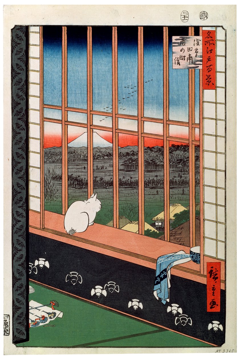 Kissa istuu ikkunapenkillä, 1800-luku tekijältä Ando Hiroshige