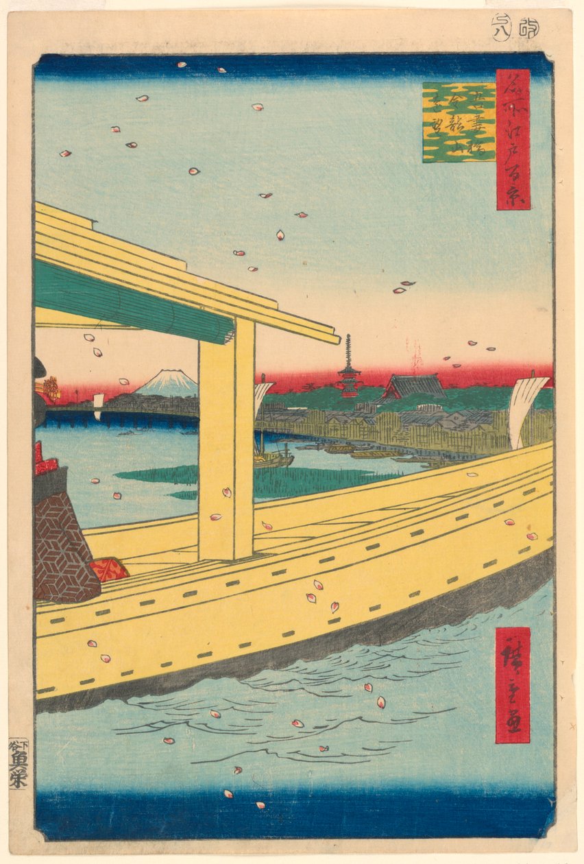 Kaukainen näkymä Kinryuzanin temppeliin Azuma-sillalta (Azuma-bashi, Kinryuzan embo) No.39 Sarjasta Sata Kuuluisia näkymiä Edoon tekijältä Ando Hiroshige