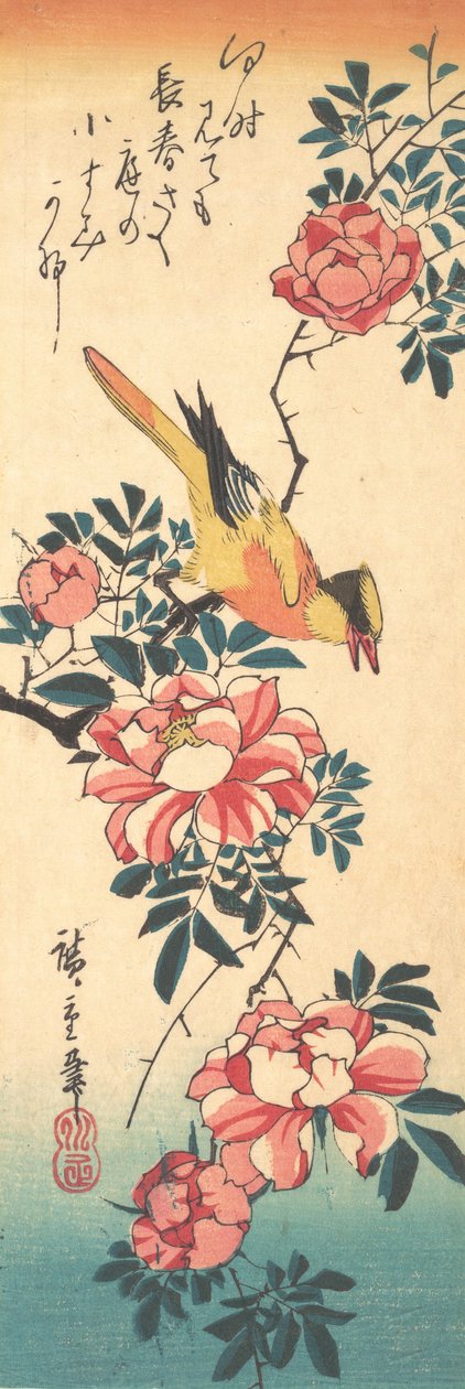 Itäinen harmaakärki ja ruusu, 1830-luvun alku, 1830-luvun alku. tekijältä Ando Hiroshige