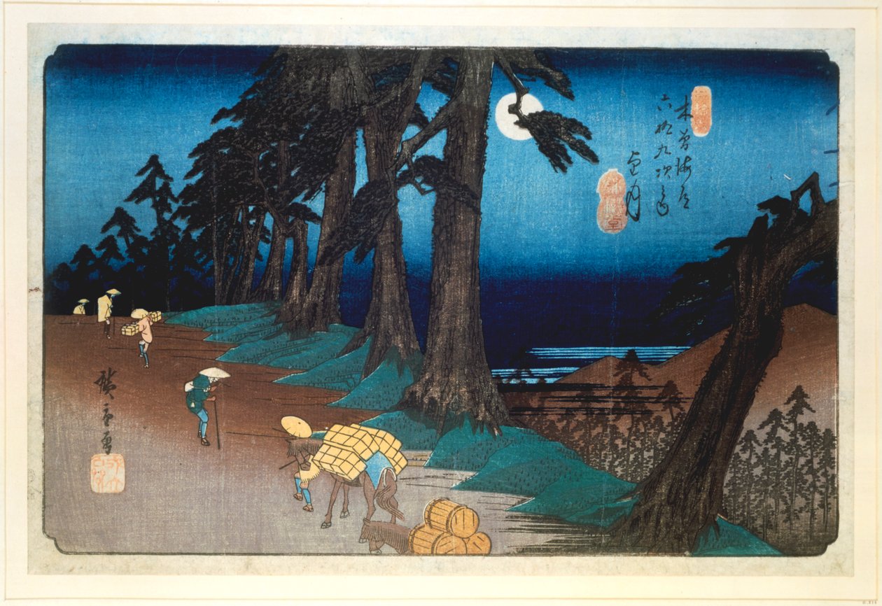 Täysikuu Mochizukissa, 69 Kisokaidon asemalta, 1832 tekijältä Ando Hiroshige