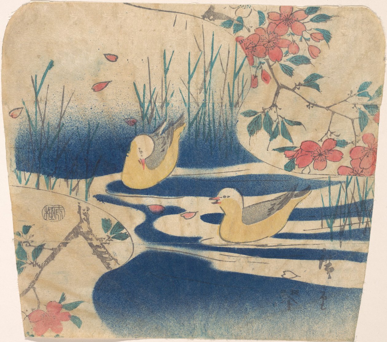 Gavines encaputxades i flors de cirerer, probablement 1850-62., probablement 1850-62. finlandès tekijältä Ando Hiroshige