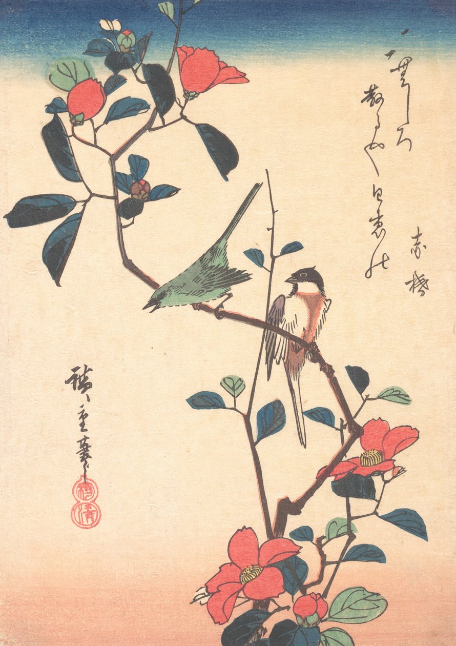 Japanilainen valkosilmä ja tiainen kamelian oksalla, n. 1840, n. 1840. tekijältä Ando Hiroshige
