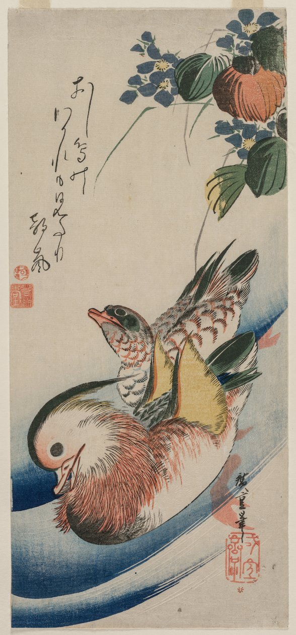 Mandariiniankat ja kukkivat kasvit, 1830-luvun alussa tai puolivälissä. tekijältä Ando Hiroshige