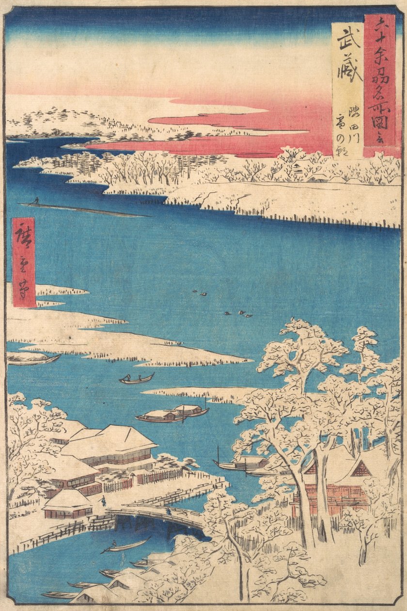 Aamu lumisateen jälkeen, Sumida-joki, Musashin maakunta, sarjasta Views o..., ca. 1853. tekijältä Ando Hiroshige
