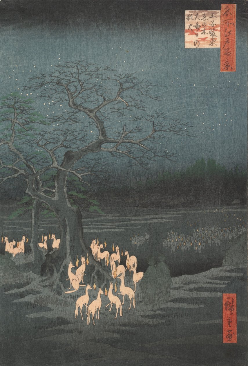Uudenvuodenaaton kettutuli muuttuvassa puussa, Oji, n. 1857, n. 1857. tekijältä Ando Hiroshige