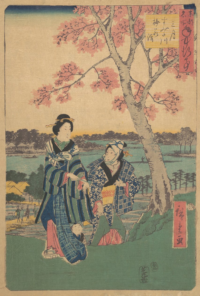 Visualització de flors de pruner al tercer mes al riu Sumida de la sèrie Annual Events at F..., 1854. finlandès tekijältä Ando Hiroshige