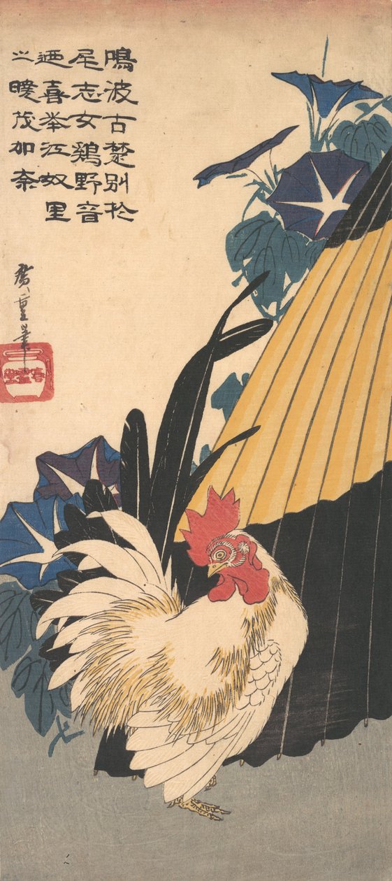 Rooster, Umbrella ja Morning Glories, n. 1830, n. 1830. tekijältä Ando Hiroshige