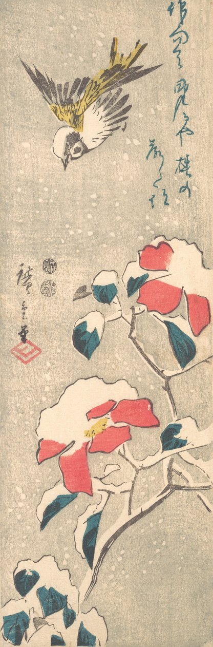 Varpunen ja lumen peittämä Camellia Tsubaki, n. 1845, n. 1845. tekijältä Ando Hiroshige
