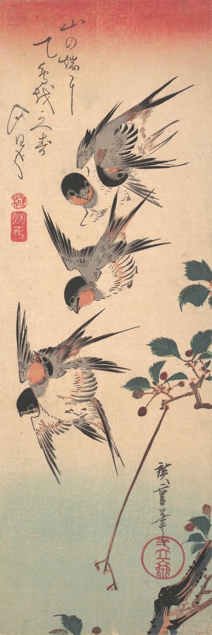 Pääskyset ja orastava villikirsikka, n. 1835, n. 1835. tekijältä Ando Hiroshige