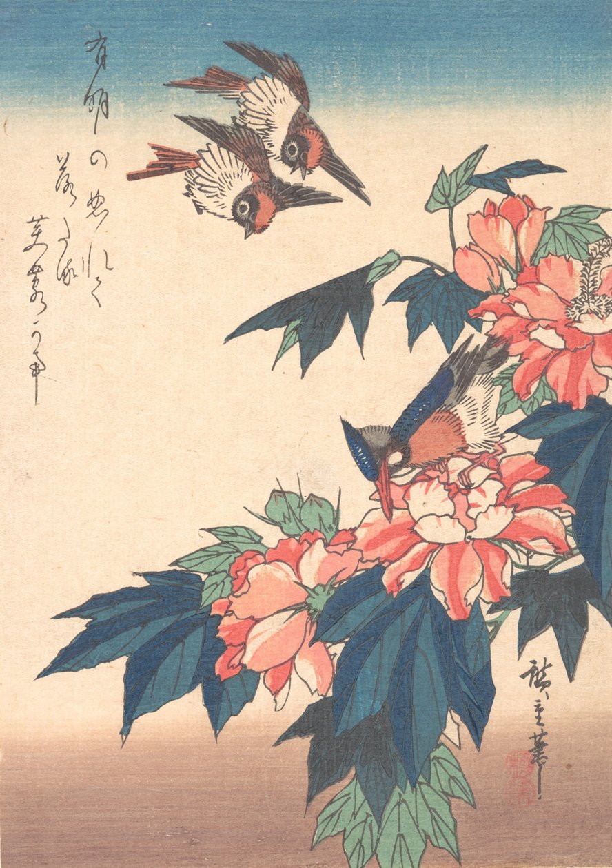 Pääskyset ja Kingfisher Rose Mallowsin kanssa, n. 1838, n. 1838. tekijältä Ando Hiroshige