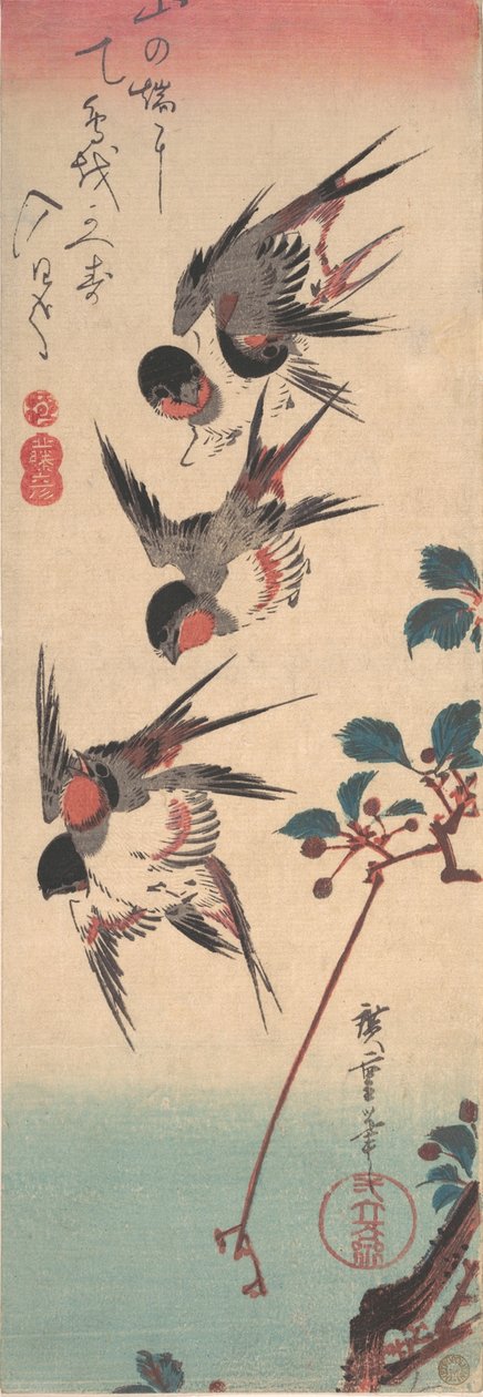 Pääskyset ja villikirsikka, n. 1834, n. 1834. tekijältä Ando Hiroshige