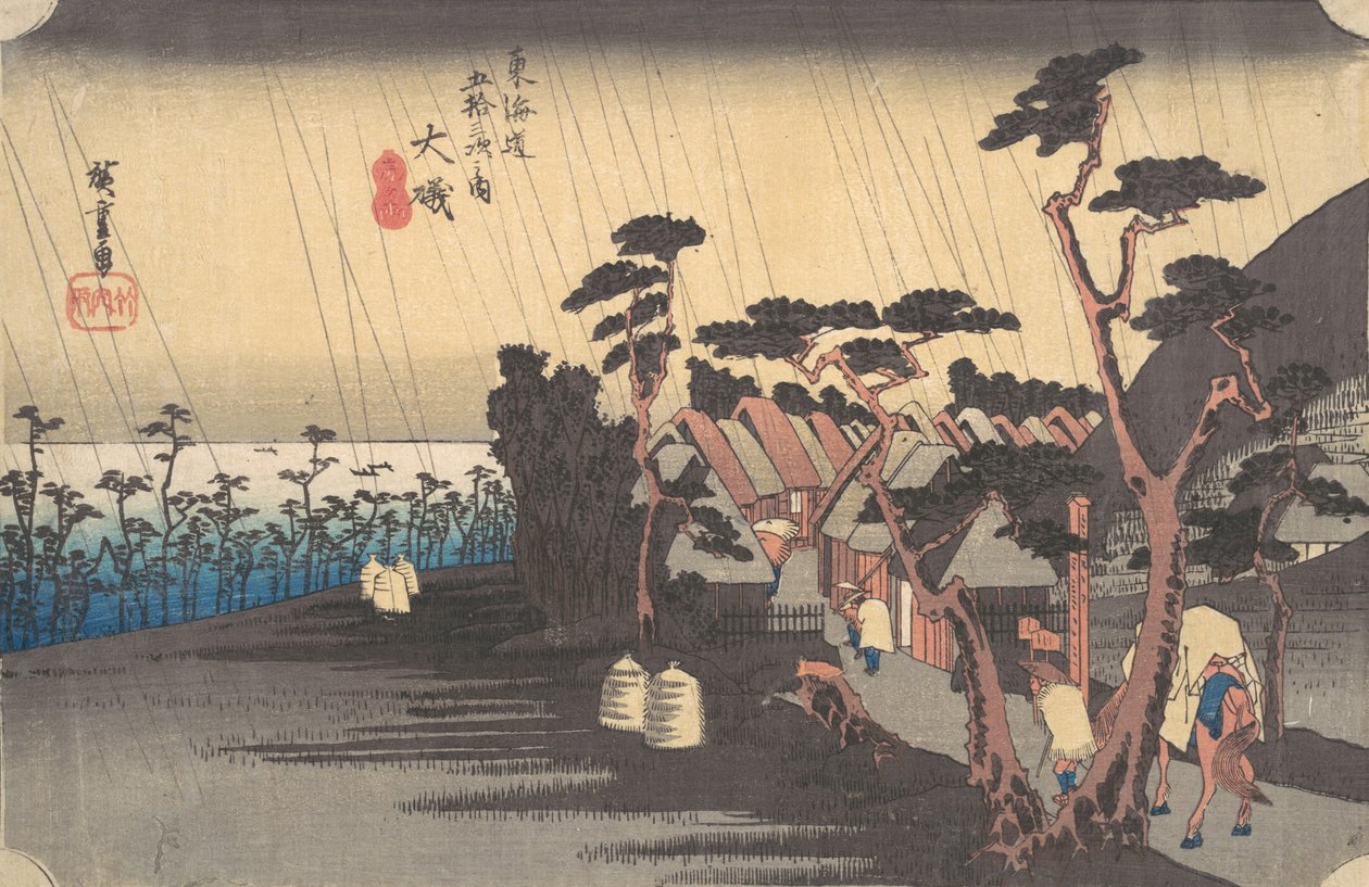 Tiger Rain Oison asemalla, n. 1834, n. 1834. tekijältä Ando Hiroshige