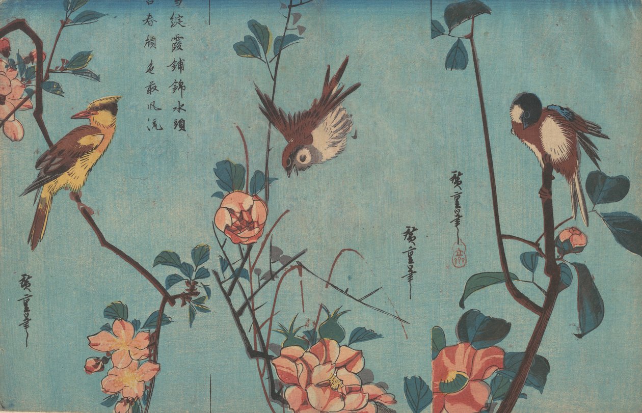 Hiirihaukka ja kameliat oikealla, varpunen ja villiruusut keskellä ja mustanokkainen ori..., n. 1833. tekijältä Ando Hiroshige