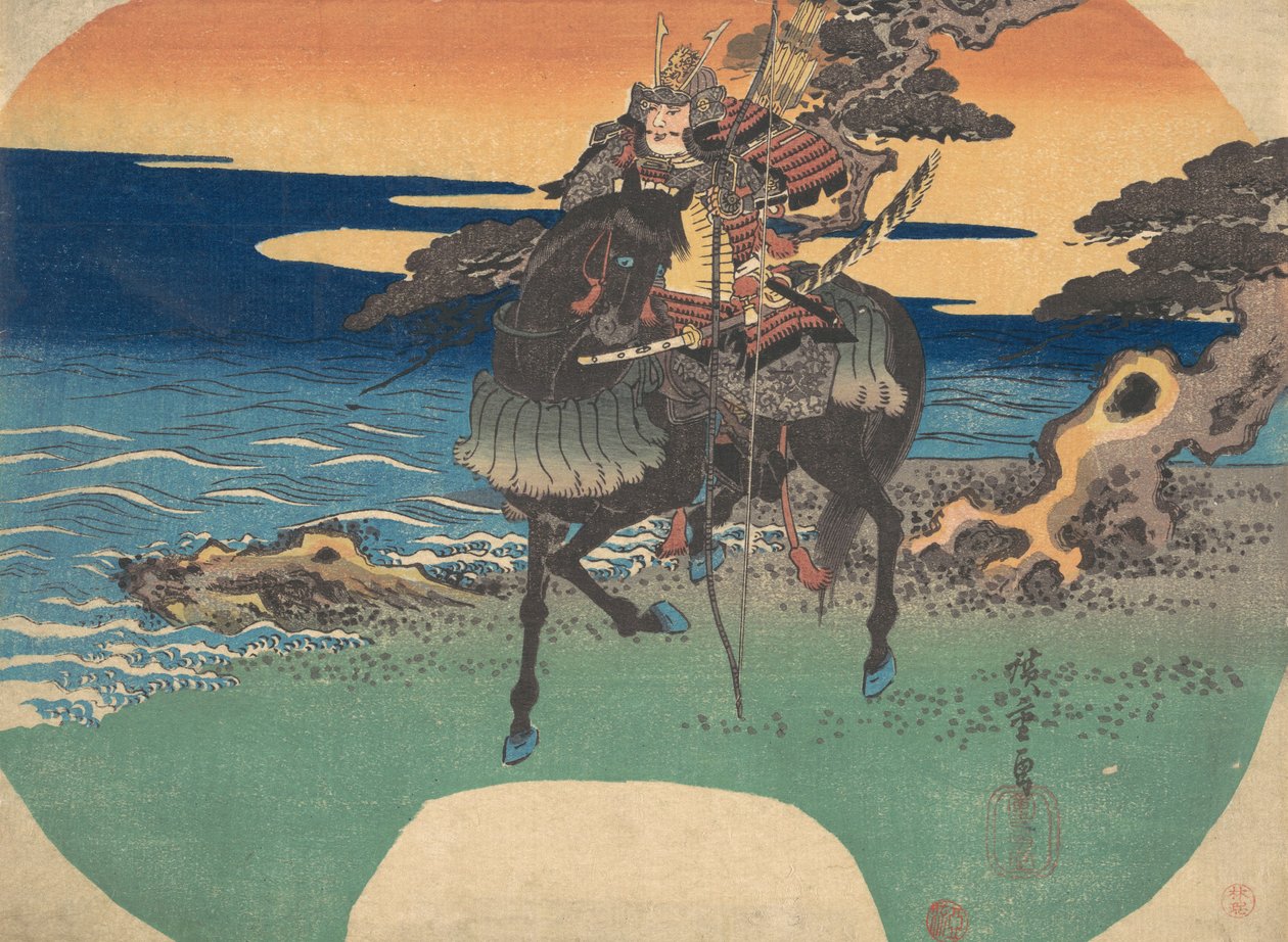 Soturi ratsastaa mustalla hevosella meren rantaa pitkin, n. 1835, n. 1835. tekijältä Ando Hiroshige