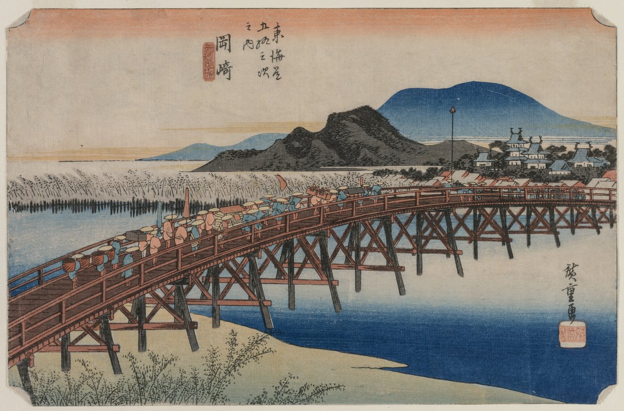 Yahagi Bridge Okazaki Station 39:ssä, sarjasta Fifty-Three Stations of the Tokaido, 1833. tekijältä Ando Hiroshige