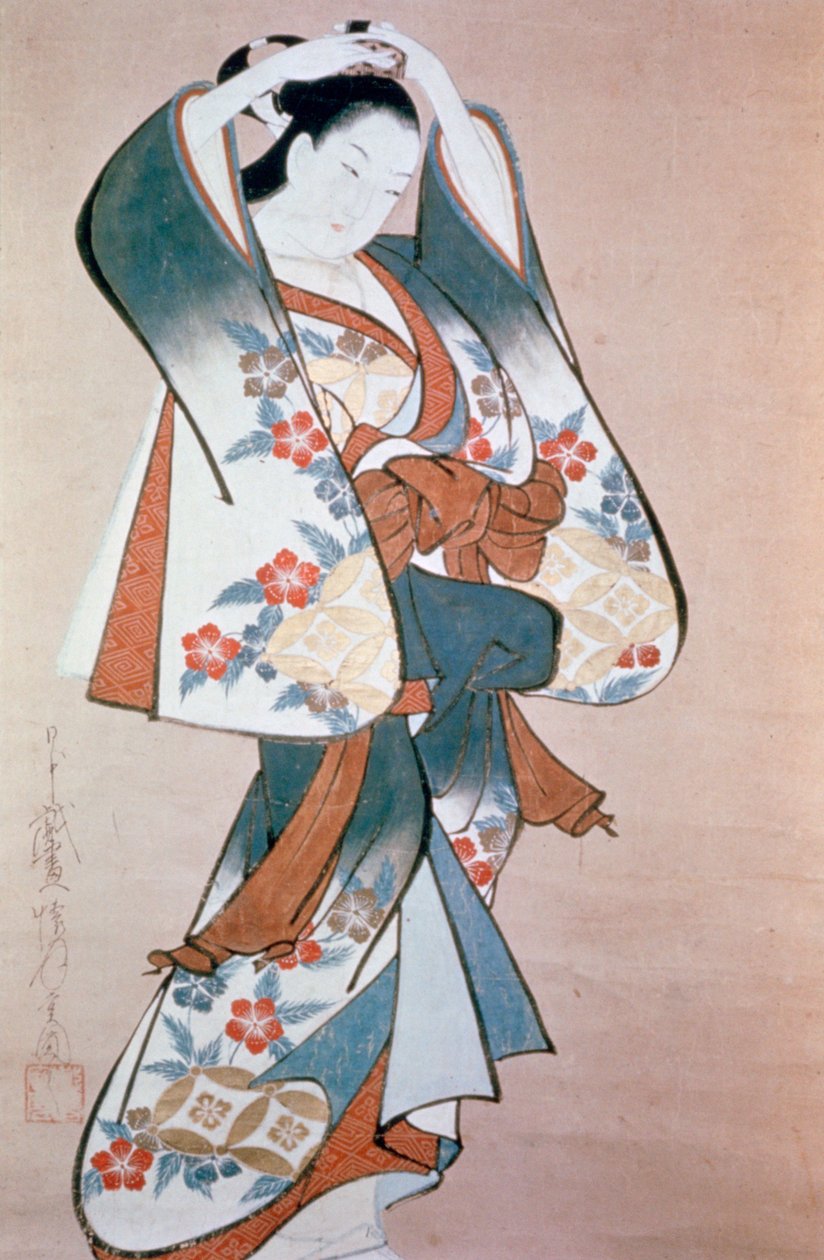 "Standing Beauty Arrangeing Her Hair", c1714 tekijältä Ando Kaigetsudo
