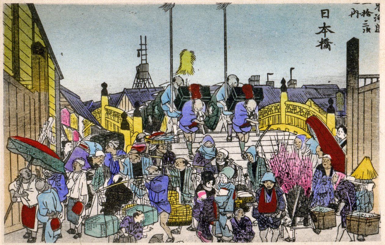Maantiede. Japani. Nihonbashin (1. asema) aamunkoitto. Hiroshigen puupiirros: Fifty Three Stations of the Tokaido (1833-1834). Postikortti, Japani, noin 1900 (postikortti). tekijältä Ando or Utagawa (after) Hiroshige