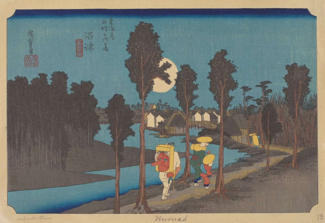 Numazu Station (värillinen puupalikka) tekijältä Ando or Utagawa (after) Hiroshige