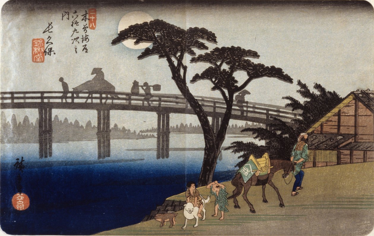 (Harmaa silhouettes on Bridge) tekijältä Ando or Utagawa Hiroshige
