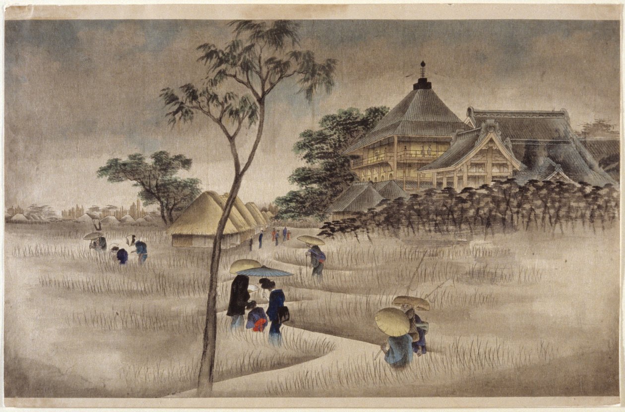 (Suuri rakennus, alapuolella mökit) (sama kuin 17.218) tekijältä Ando or Utagawa Hiroshige