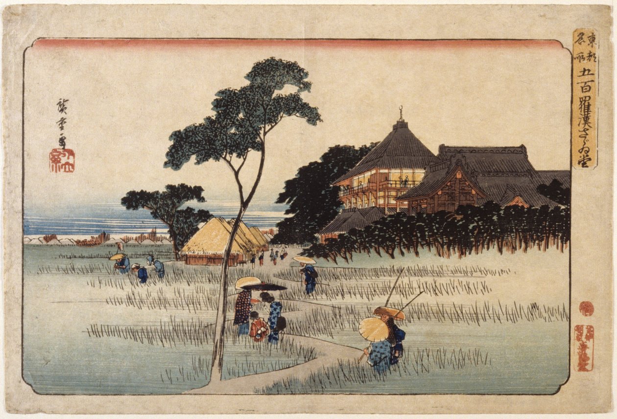 (Suuri rakennus W/mökit alla) tekijältä Ando or Utagawa Hiroshige