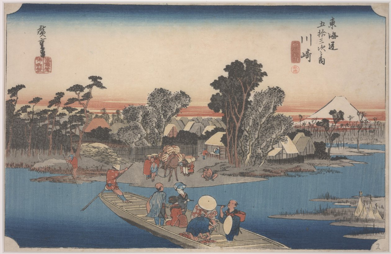 Lautta Rokugo-joella tekijältä Ando or Utagawa Hiroshige