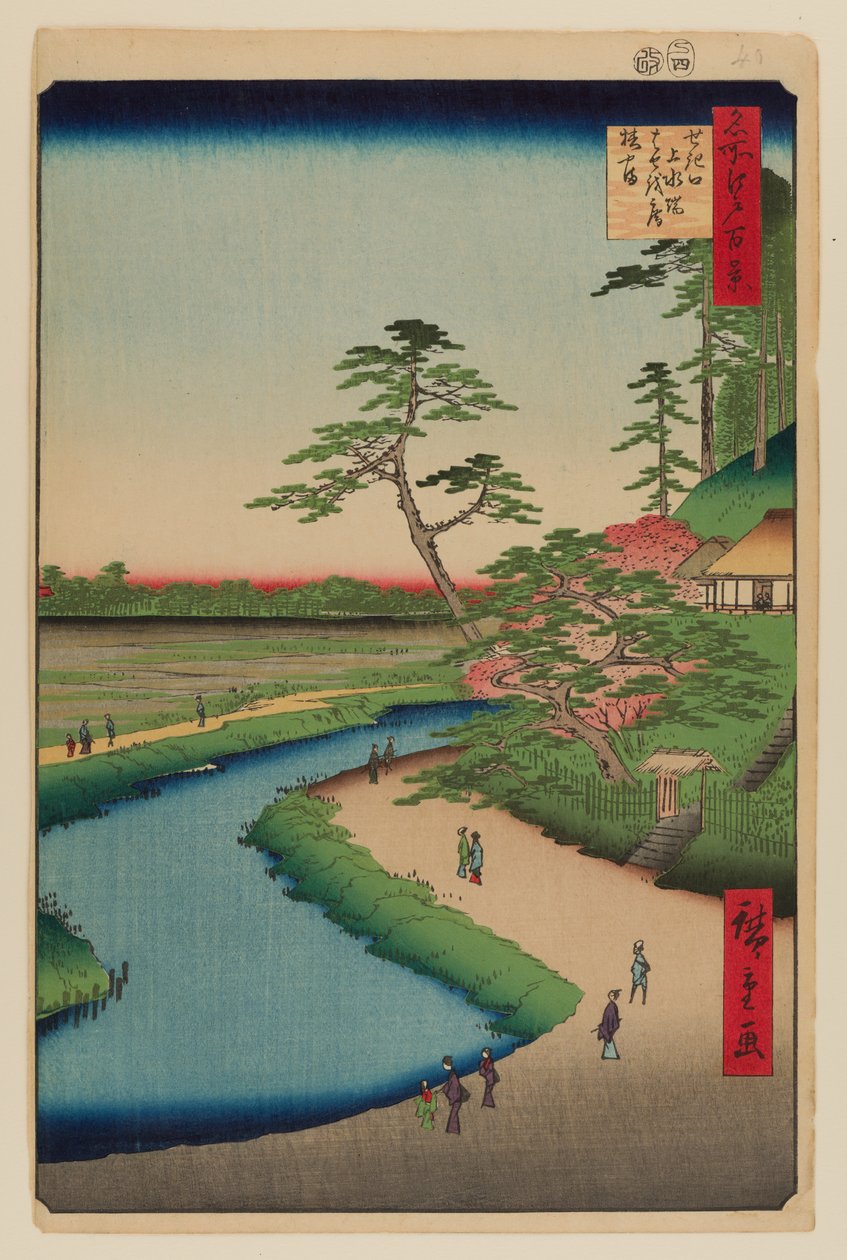 Bashon erakko ja kameliakukkula Kanda-vesijohdon varrella Sekiguchissa tekijältä Ando or Utagawa Hiroshige