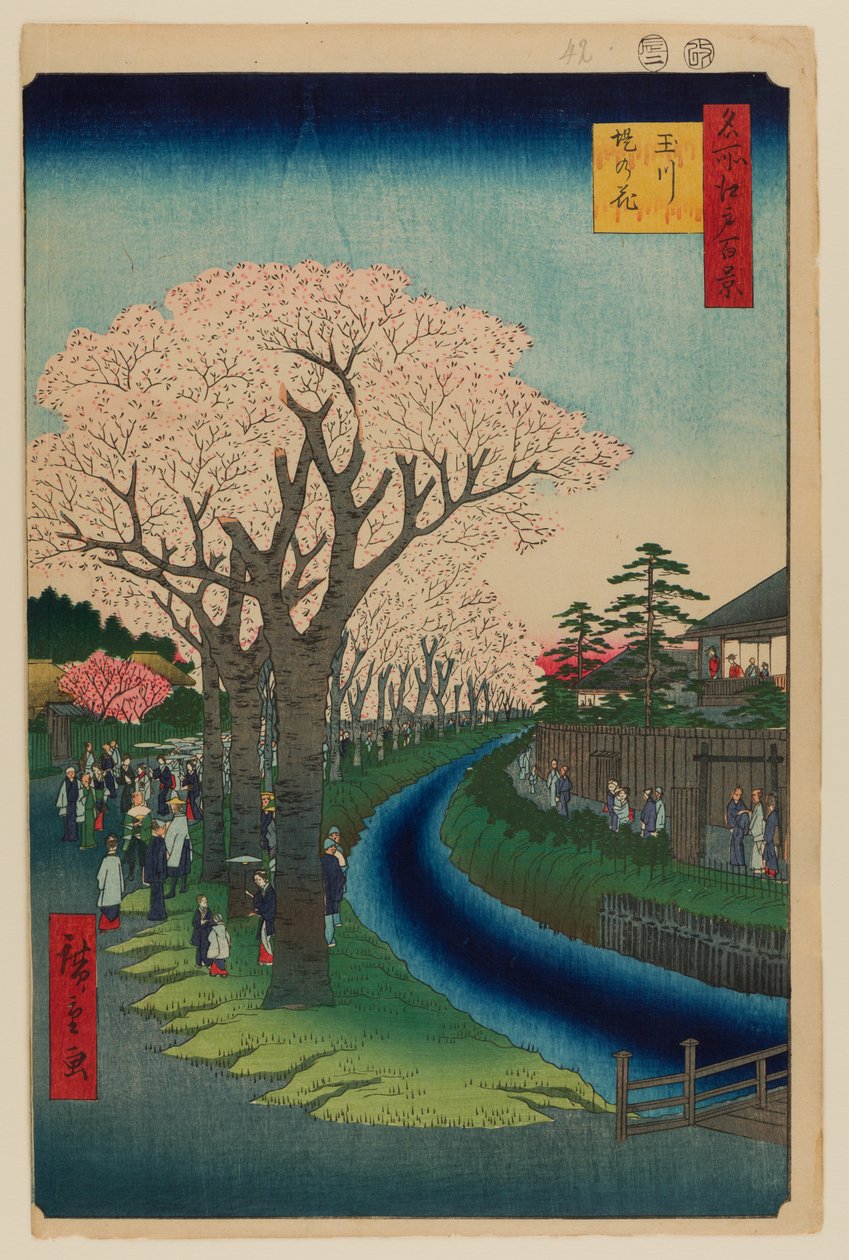 Kukkia Tama-joen rantakadulla tekijältä Ando or Utagawa Hiroshige