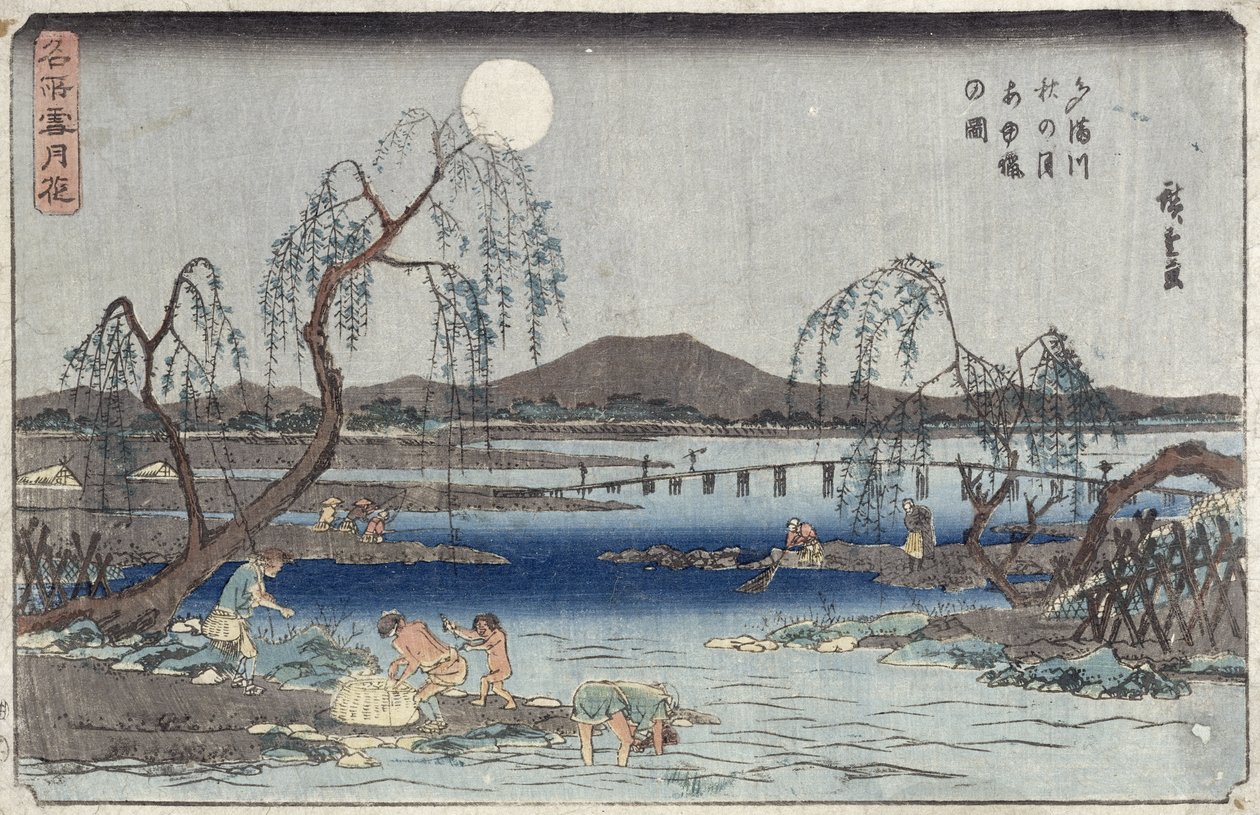 Fishing Fish by Moonlight on Tama River, sarjasta "Lumi, kuu ja kukat" ("Settsu Gekka") (puukiviprintti) tekijältä Ando or Utagawa Hiroshige