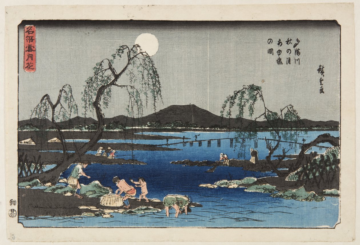 Sweetfishin pyynti Tama-joesta syyskuun alla (Tamagawa aki no tsuki ayugari no zu) (värillinen puupalikkaprintti) tekijältä Ando or Utagawa Hiroshige