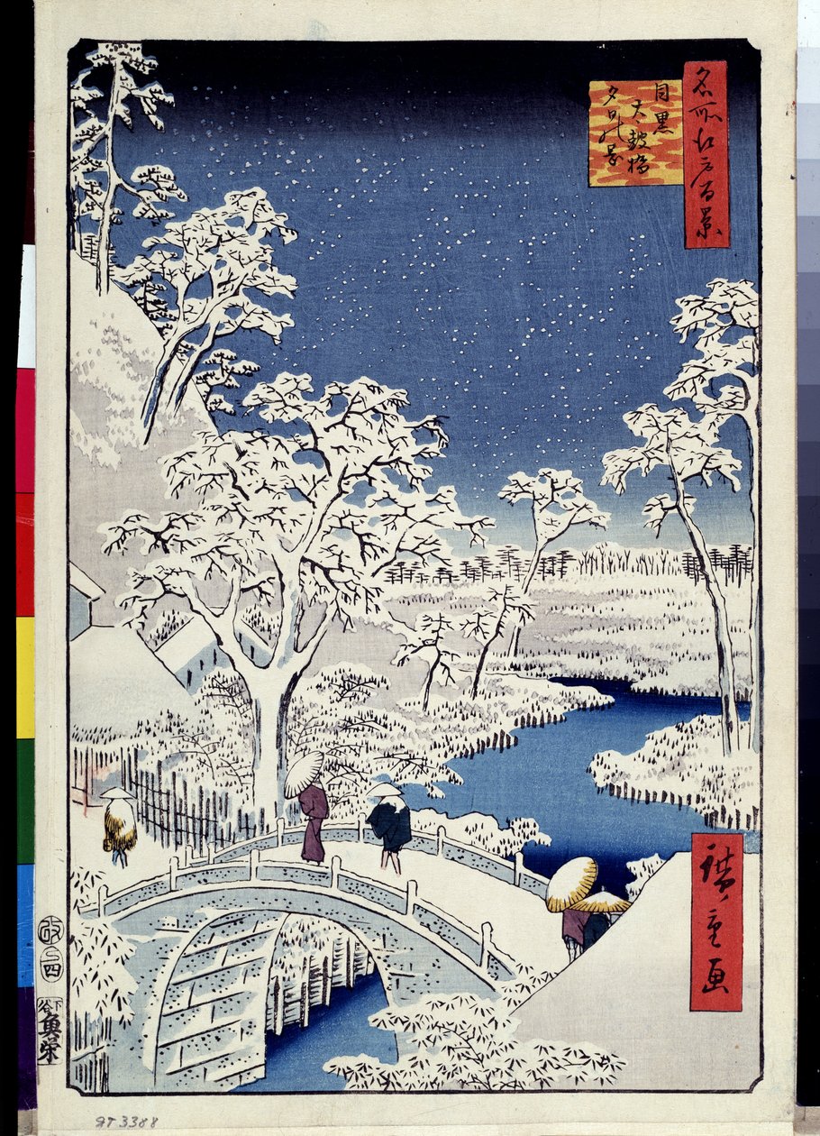 ""Edon sata kuuluisaa näkymää"": ""Mount Yuhi Hill ja Meguro Bridge"". Maisema lumihiutaleilla. (Yuhi-kukkula ja rumpusilta Megurossa (Sata kuuluisaa näköalaa Edoon) Utagawa Hiroshigen (1797-1858) japanilainen vedos 1856-1858 Erm-museo tekijältä Ando or Utagawa Hiroshige