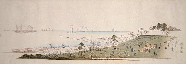 Cherry-Blossom Time, ihmiset piknikillä Gotenyamassa (värillinen puupalikkaprintti) tekijältä Ando or Utagawa Hiroshige