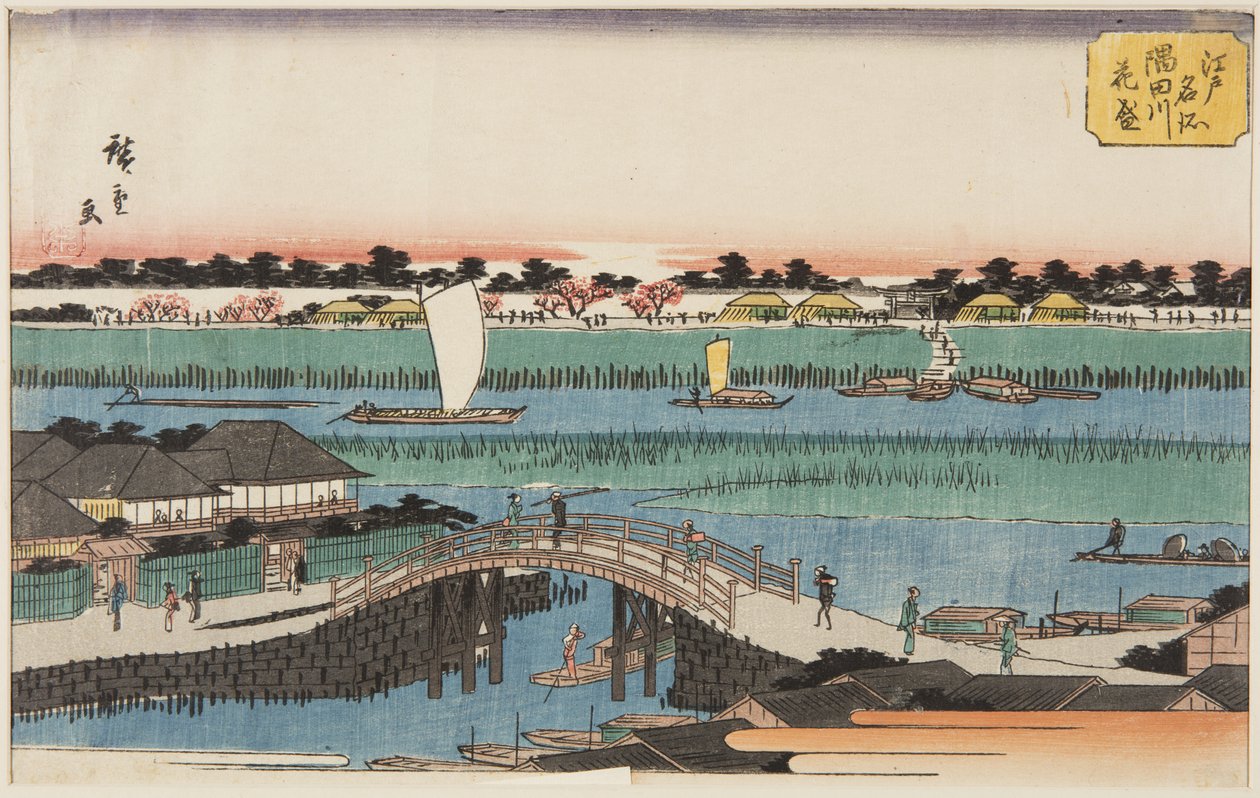 Kirsikankukat täydessä kukassa Sumida-joen varrella (Sumidagawa hanazakari) (värillinen puupainatus) tekijältä Ando or Utagawa Hiroshige