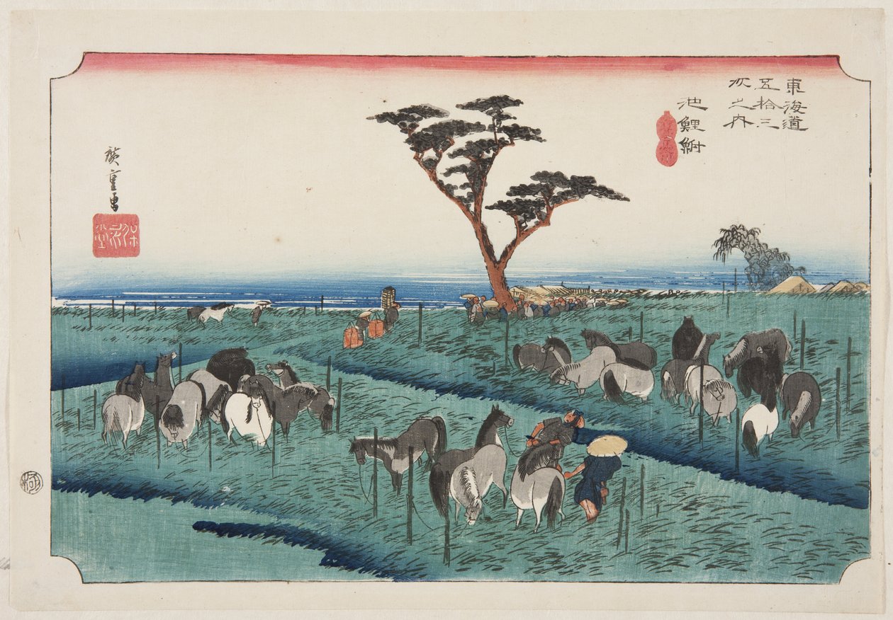 Chiry?: Early Summer Horse Fair (Chiry?, shuka uma ichi) (värillinen puupalikkaprintti) tekijältä Ando or Utagawa Hiroshige