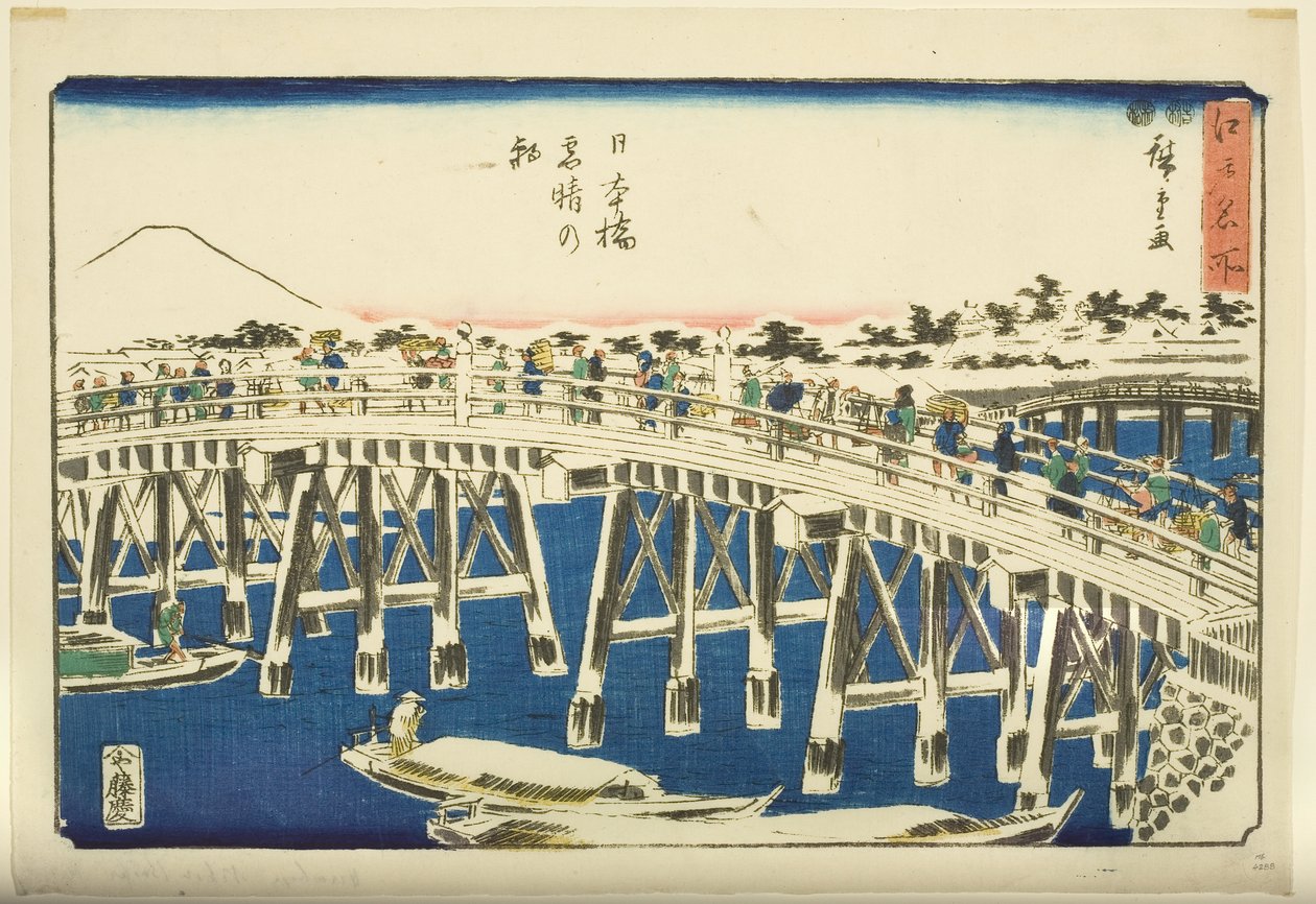 Cware r people r people g af hand r S w at Nihonbashi B syy (Nihonbashin kirkas lumi aamu) tekijältä Ando or Utagawa Hiroshige