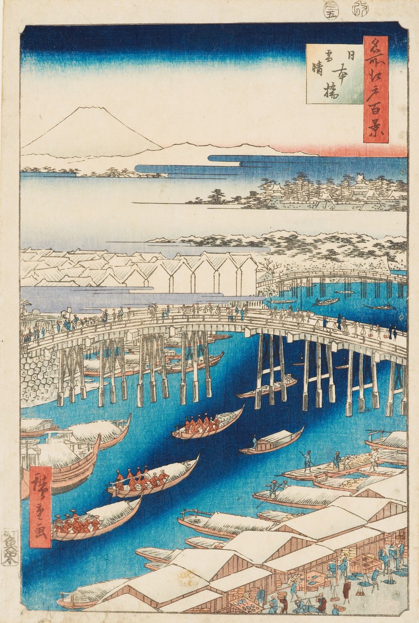 Raivaus lumen jälkeen Nihonbashin sillalla tekijältä Ando or Utagawa Hiroshige