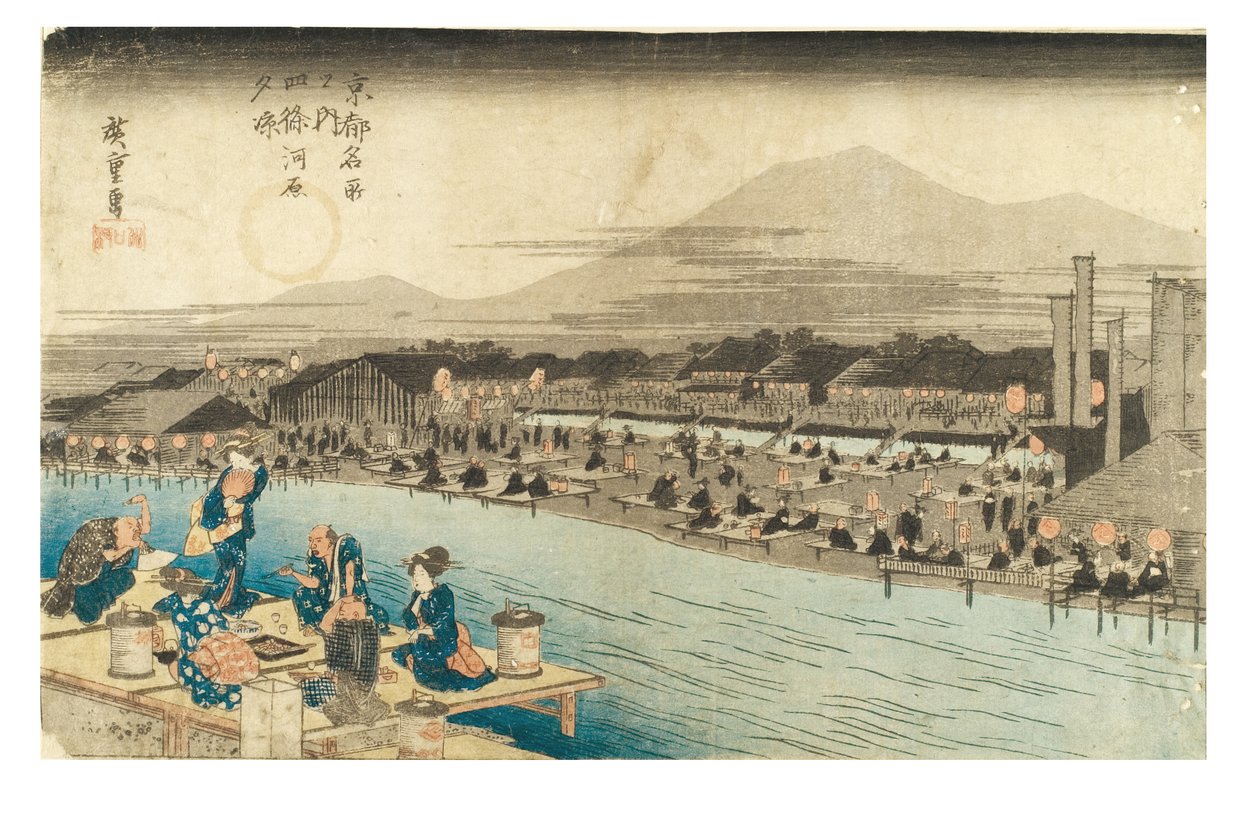 Illan viileys Shijo-joen rannalla sarjasta Kuuluisia paikkoja Kiotossa, n.1833-1834 (puupiirros paperille). tekijältä Ando or Utagawa Hiroshige