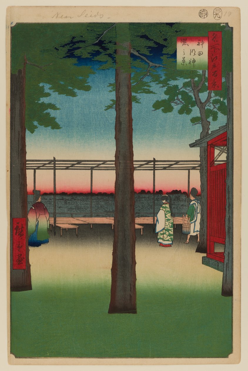 Aamunkoitto Kanda Myojinin pyhäkössä tekijältä Ando or Utagawa Hiroshige