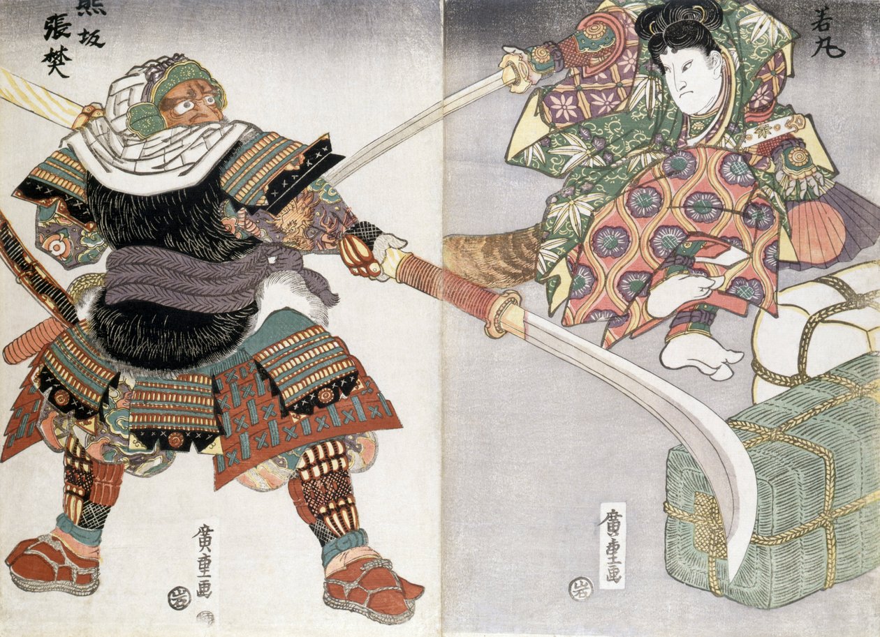 Miekkataistelun diptyykki, 1800-luku tekijältä Ando or Utagawa Hiroshige